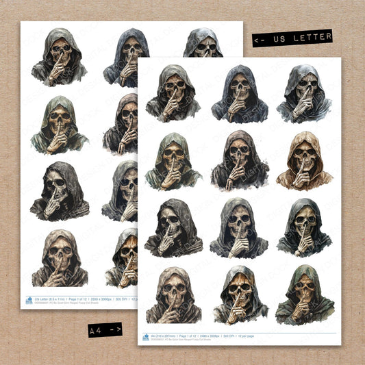 A4 and US Letter format comparison showing Be Quiet Grim Reaper fussy cut pages for print and cut crafting