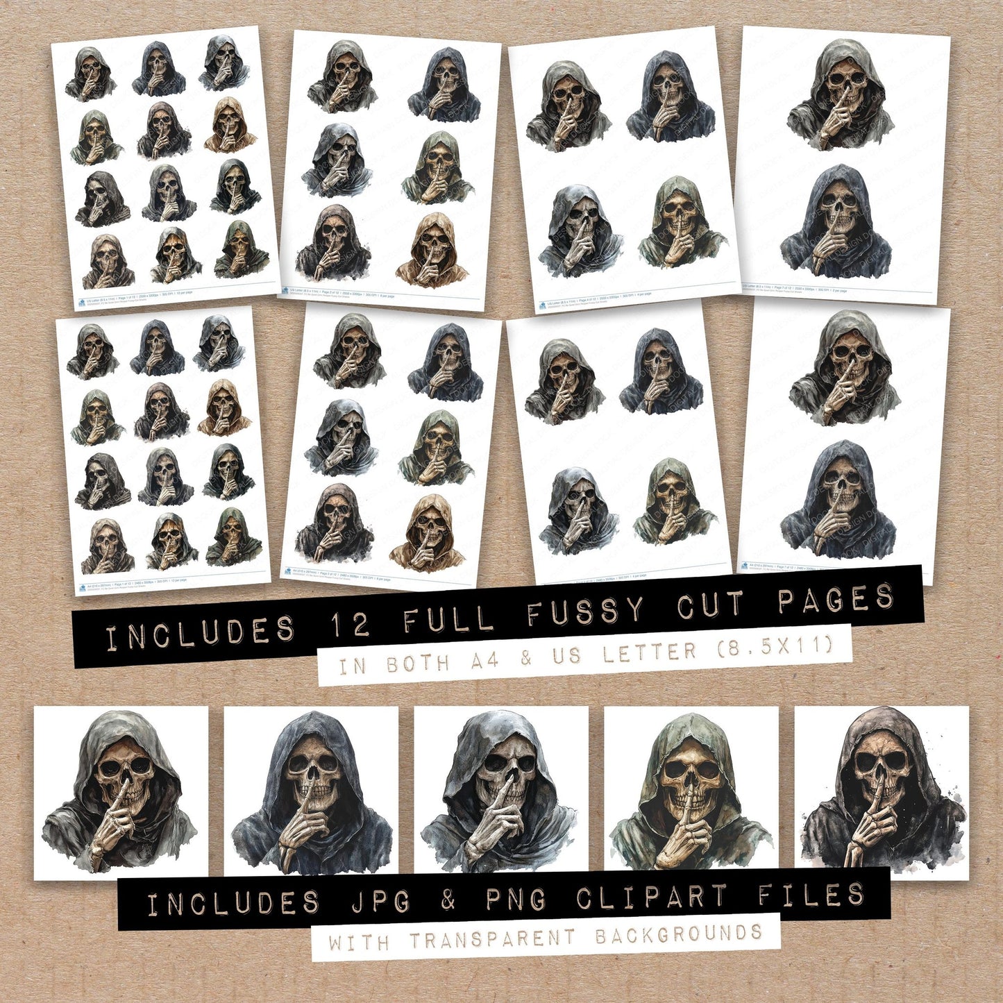 Full collection view of Be Quiet Grim Reaper fussy cut sheets with bonus clipart JPG and PNG files