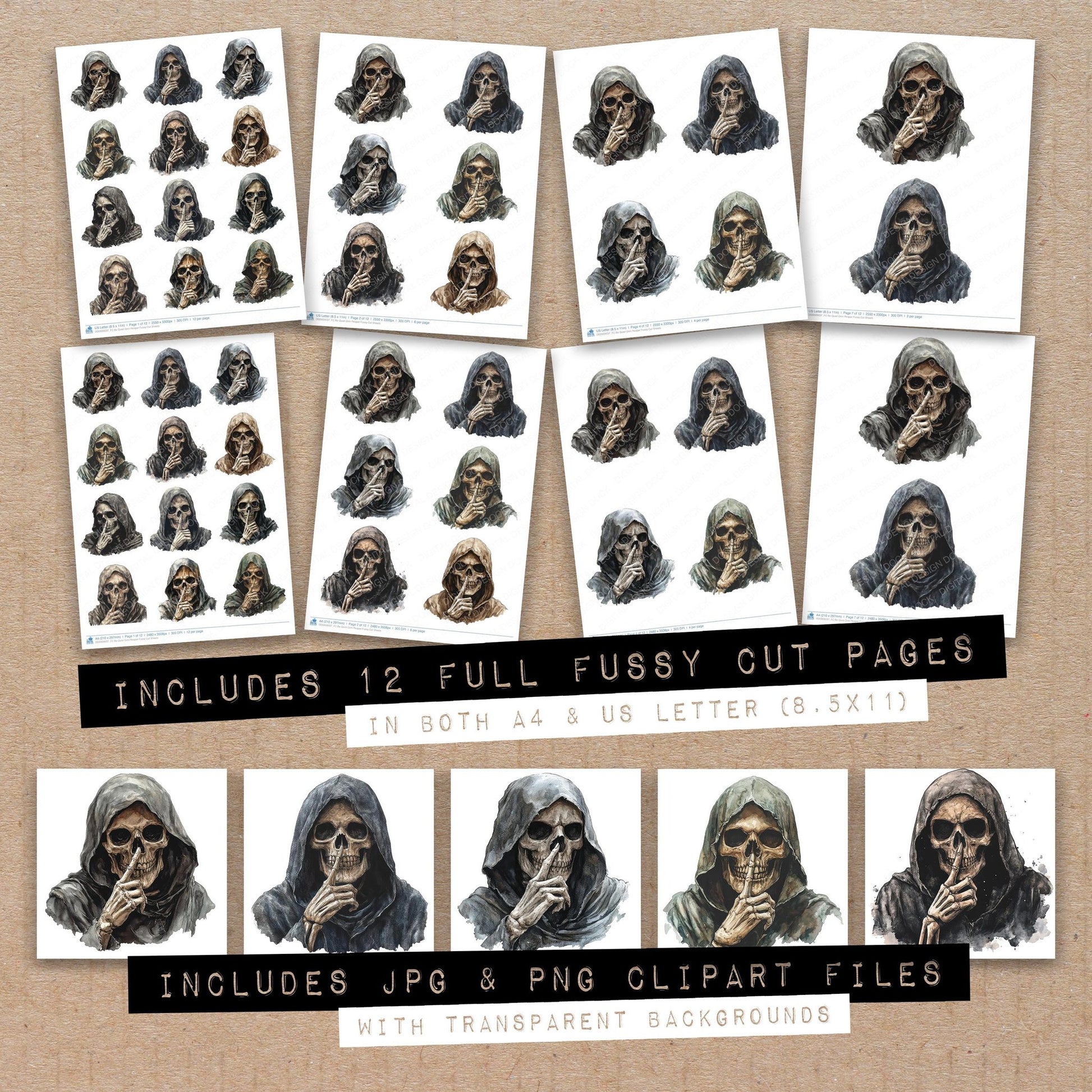 Full collection view of Be Quiet Grim Reaper fussy cut sheets with bonus clipart JPG and PNG files