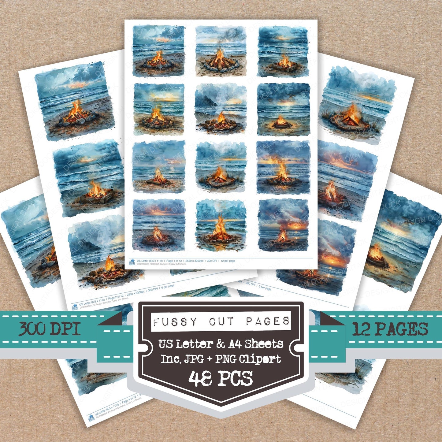 Beach Campfire fussy cut printable sheets for junk journaling, scrapbooking, and paper craft projects