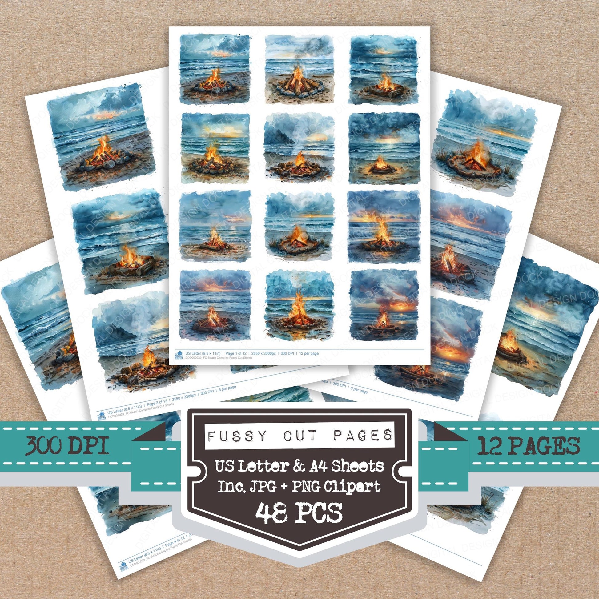 Beach Campfire fussy cut printable sheets for junk journaling, scrapbooking, and paper craft projects