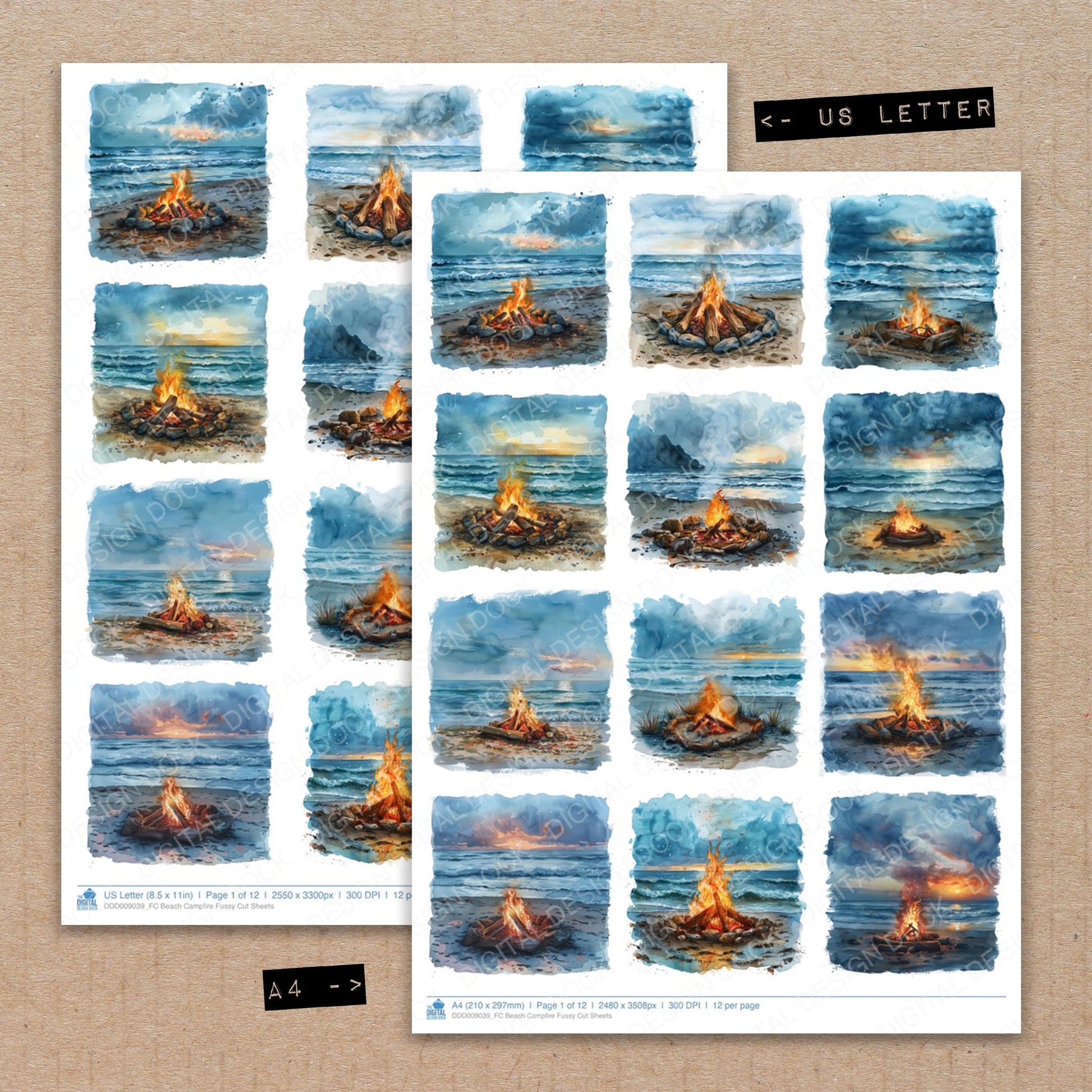 A4 and US Letter format comparison showing Beach Campfire fussy cut pages for print and cut crafting