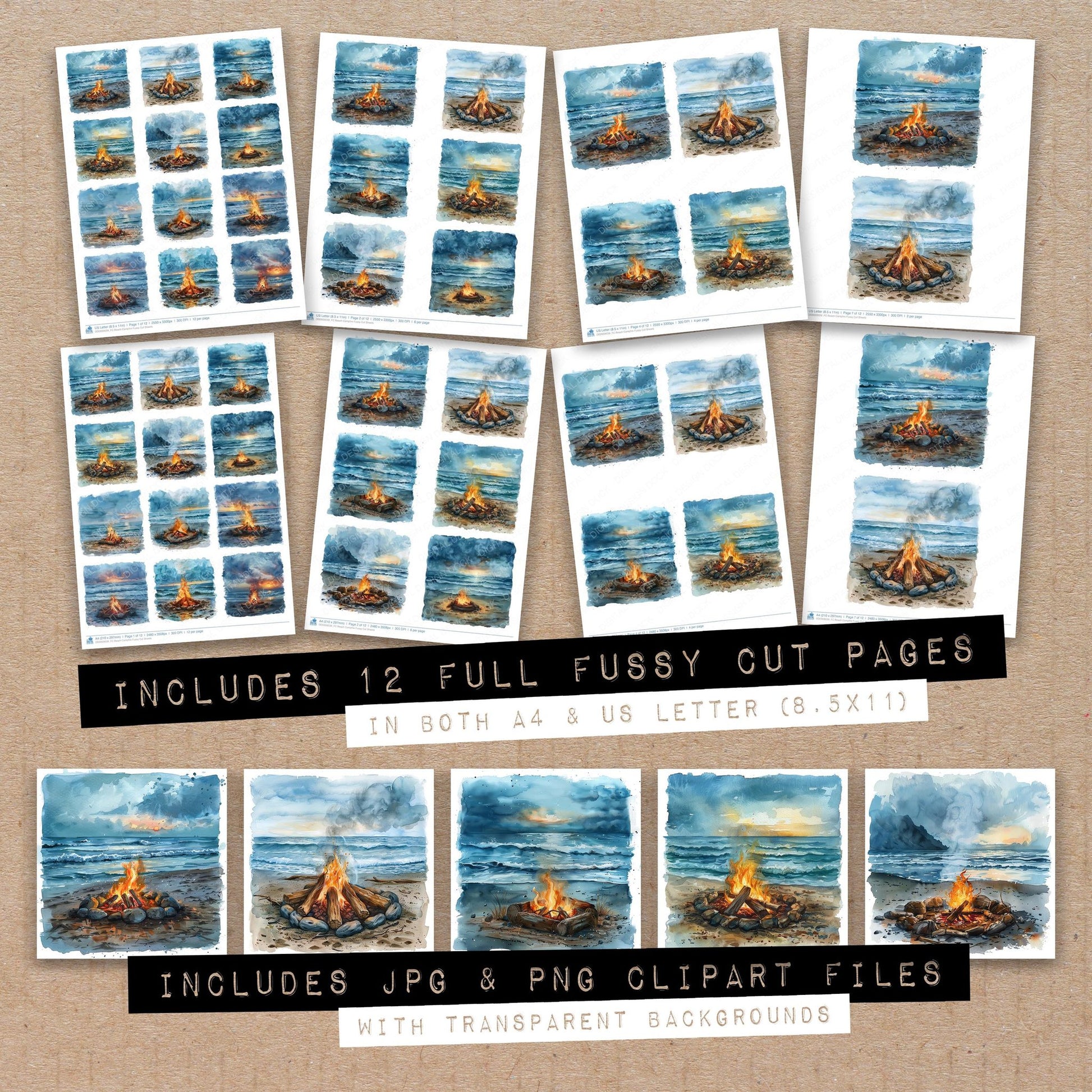 Full collection view of Beach Campfire fussy cut sheets with bonus clipart JPG and PNG files