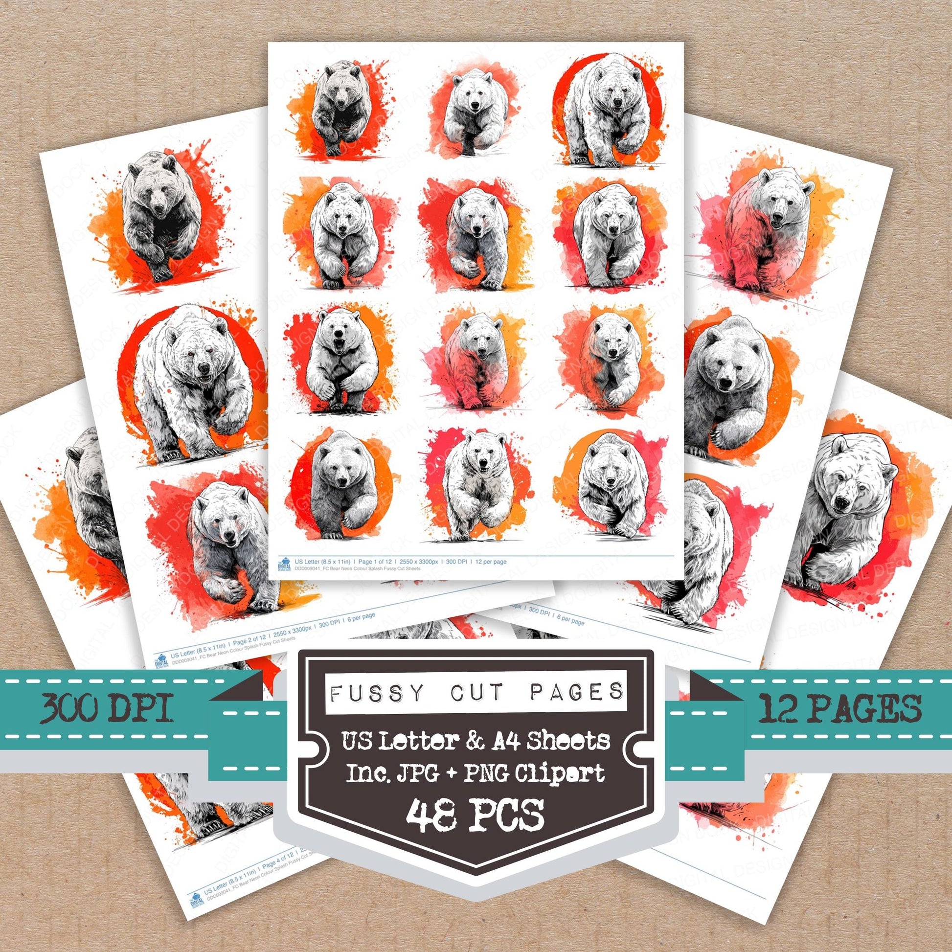 Bear Neon Colour Splash fussy cut printable sheets for junk journaling, scrapbooking, and paper craft projects