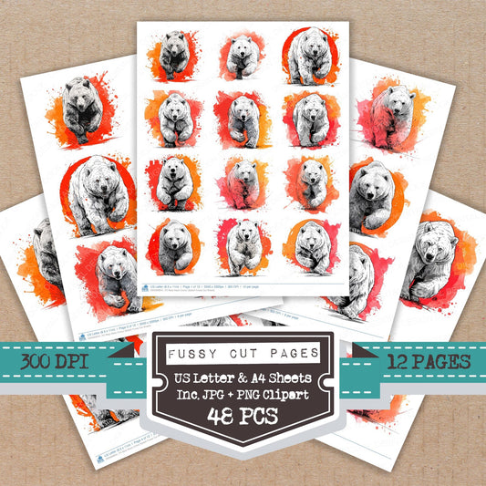 Bear Neon Colour Splash fussy cut printable sheets for junk journaling, scrapbooking, and paper craft projects