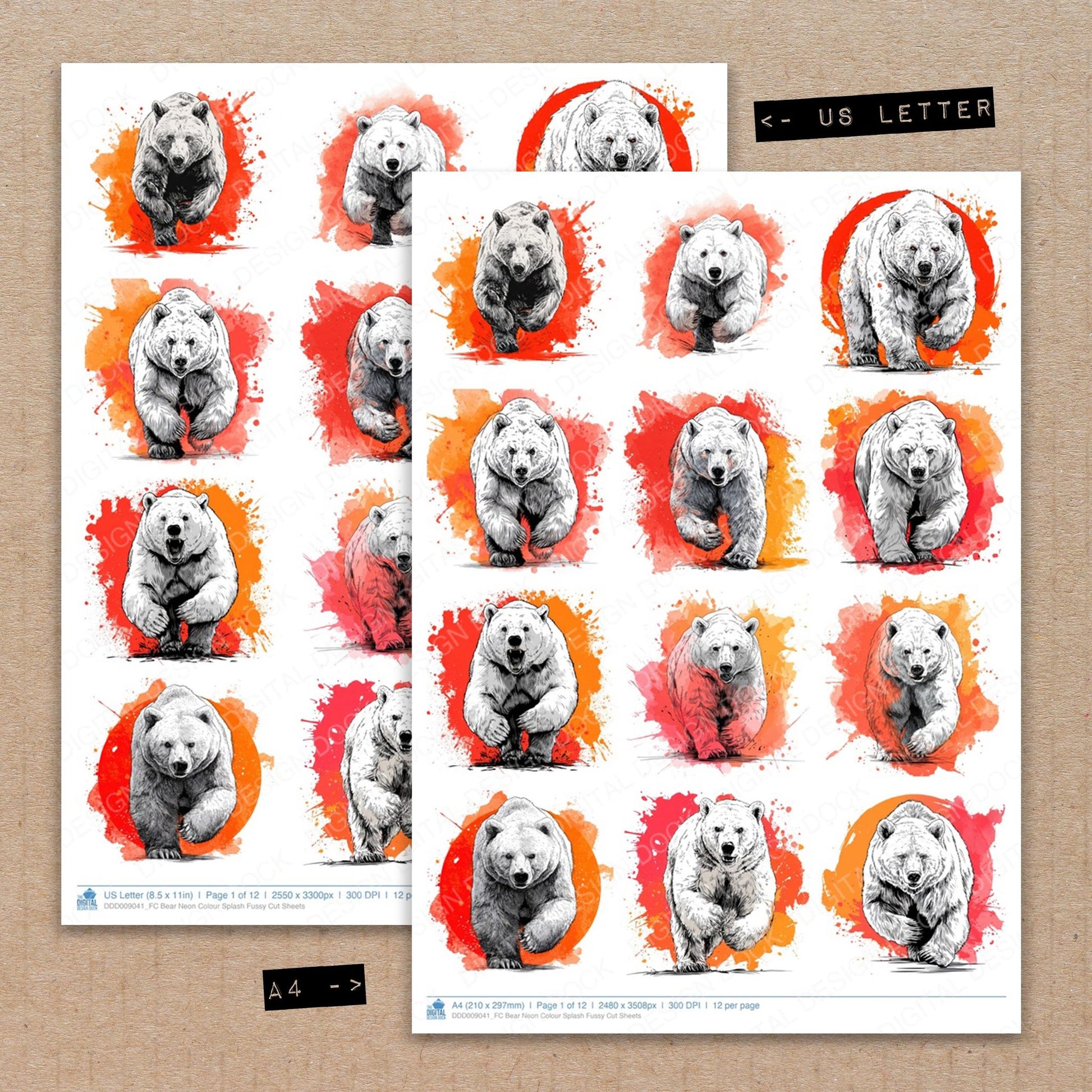 A4 and US Letter format comparison showing Bear Neon Colour Splash fussy cut pages for print and cut crafting