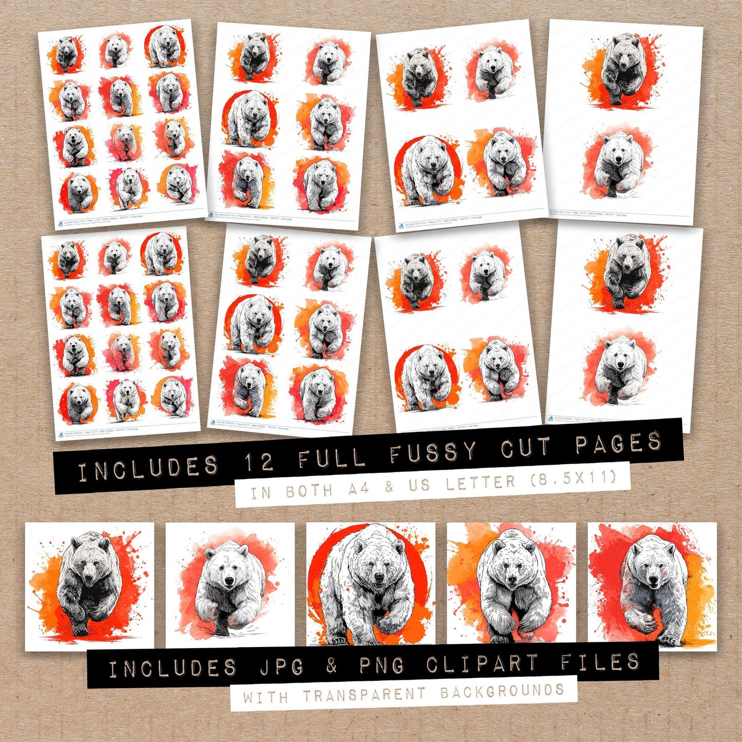Full collection view of Bear Neon Colour Splash fussy cut sheets with bonus clipart JPG and PNG files