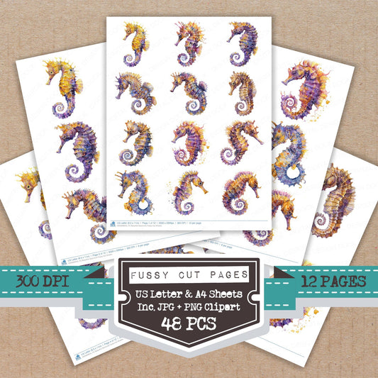 Beautiful Seahorse fussy cut printable sheets for junk journaling, scrapbooking, and paper craft projects
