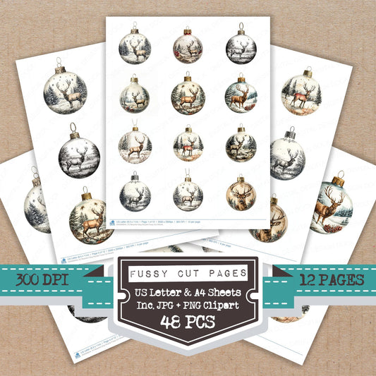 Beautiful Stag Bauble fussy cut printable sheets for junk journaling, scrapbooking, and paper craft projects