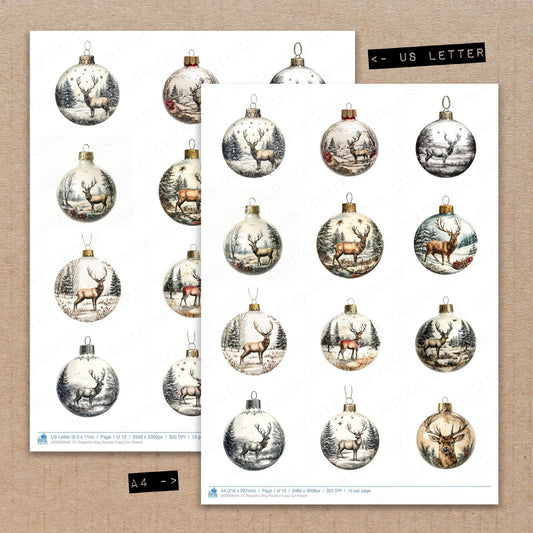 A4 and US Letter format comparison showing Beautiful Stag Bauble fussy cut pages for print and cut crafting
