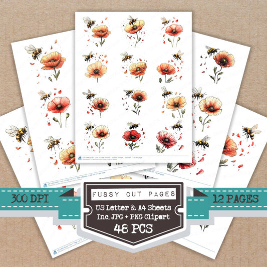 Bee Over Falling Poppy fussy cut printable sheets for junk journaling, scrapbooking, and paper craft projects