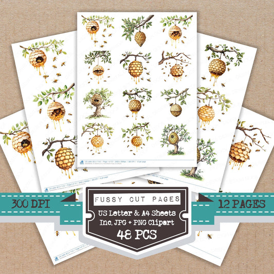 Beehive on a Tree Branch fussy cut printable sheets for junk journaling, scrapbooking, and paper craft projects