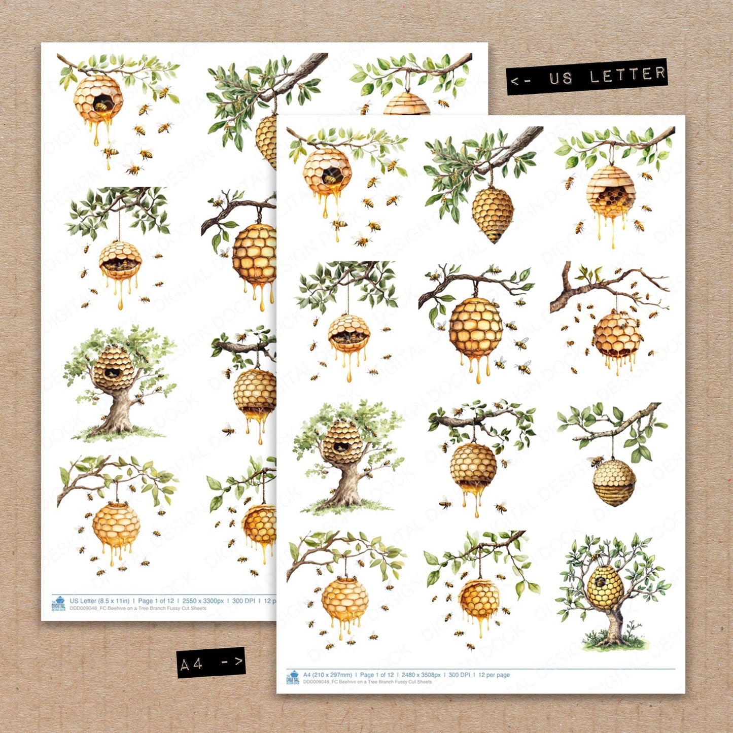 A4 and US Letter format comparison showing Beehive on a Tree Branch fussy cut pages for print and cut crafting