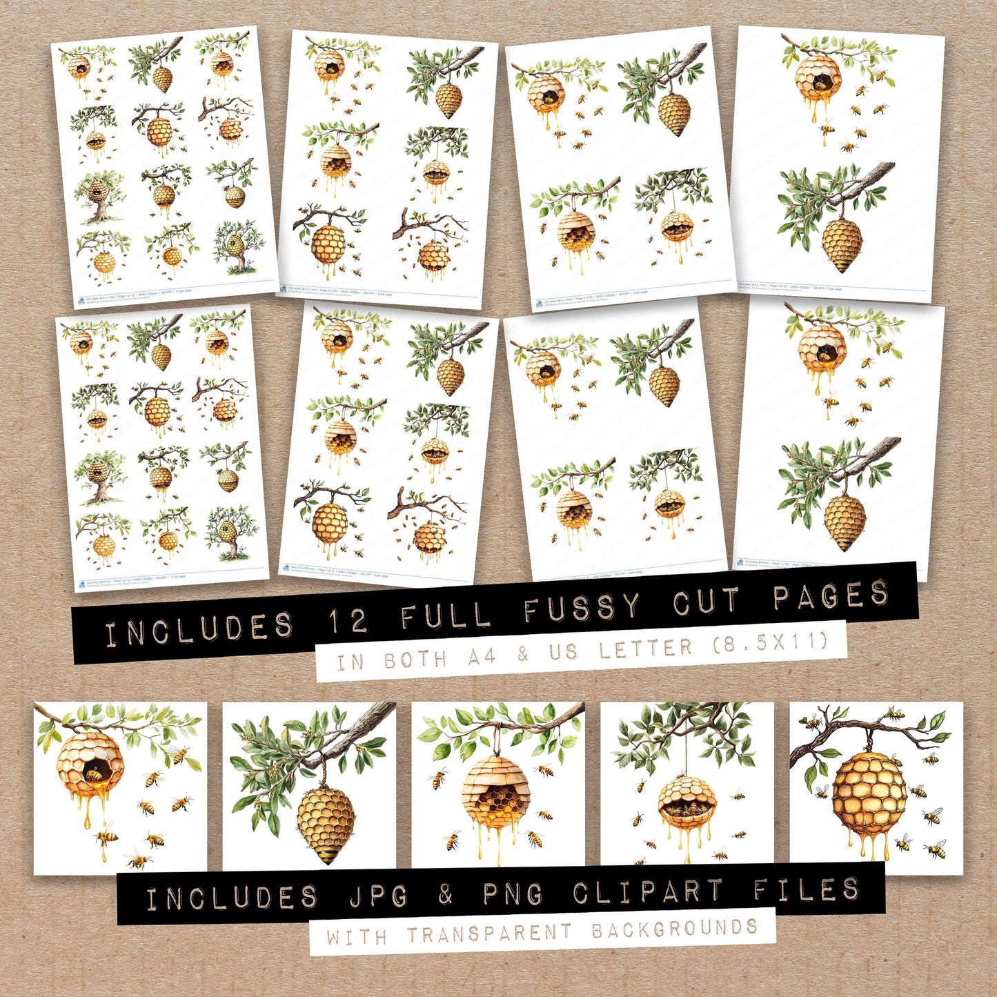 Full collection view of Beehive on a Tree Branch fussy cut sheets with bonus clipart JPG and PNG files