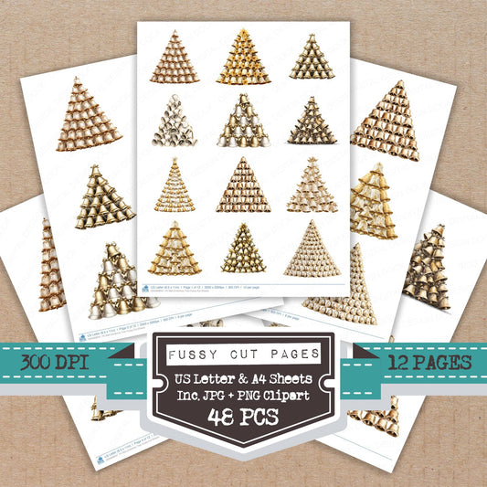 Bell Christmas Tree fussy cut printable sheets for junk journaling, scrapbooking, and paper craft projects