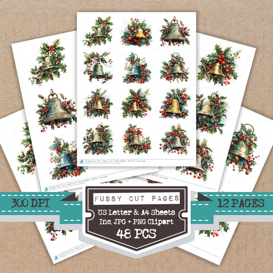 Bell with Holly and Berries fussy cut printable sheets for junk journaling, scrapbooking, and paper craft projects
