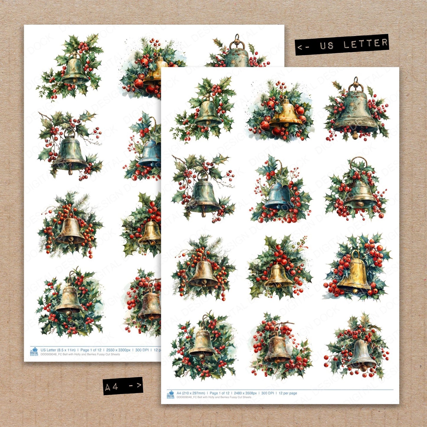 A4 and US Letter format comparison showing Bell with Holly and Berries fussy cut pages for print and cut crafting