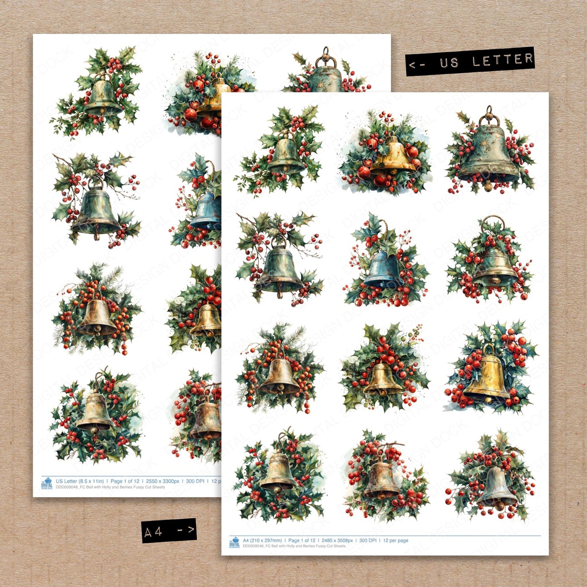 A4 and US Letter format comparison showing Bell with Holly and Berries fussy cut pages for print and cut crafting