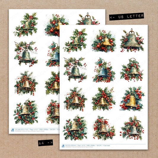 A4 and US Letter format comparison showing Bell with Holly and Berries fussy cut pages for print and cut crafting