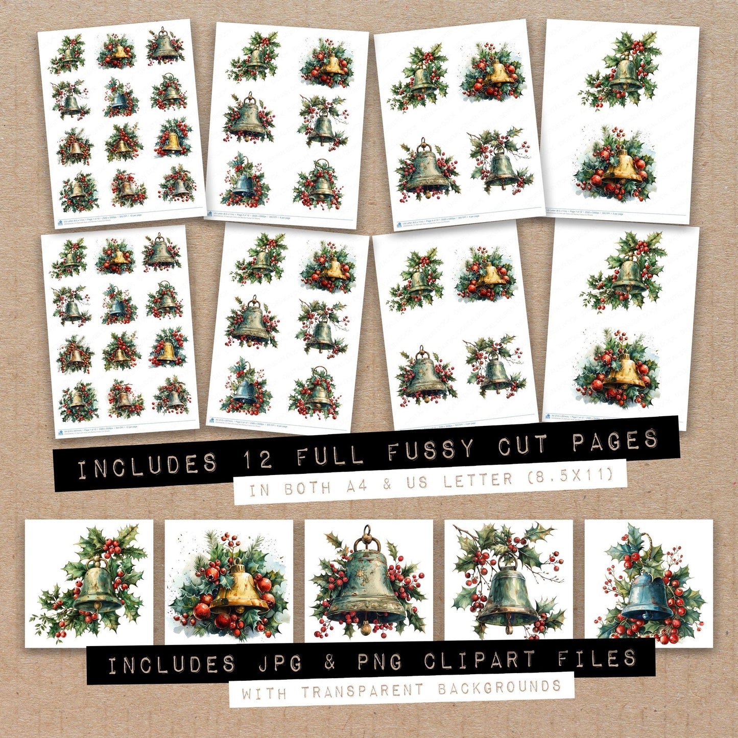 Full collection view of Bell with Holly and Berries fussy cut sheets with bonus clipart JPG and PNG files