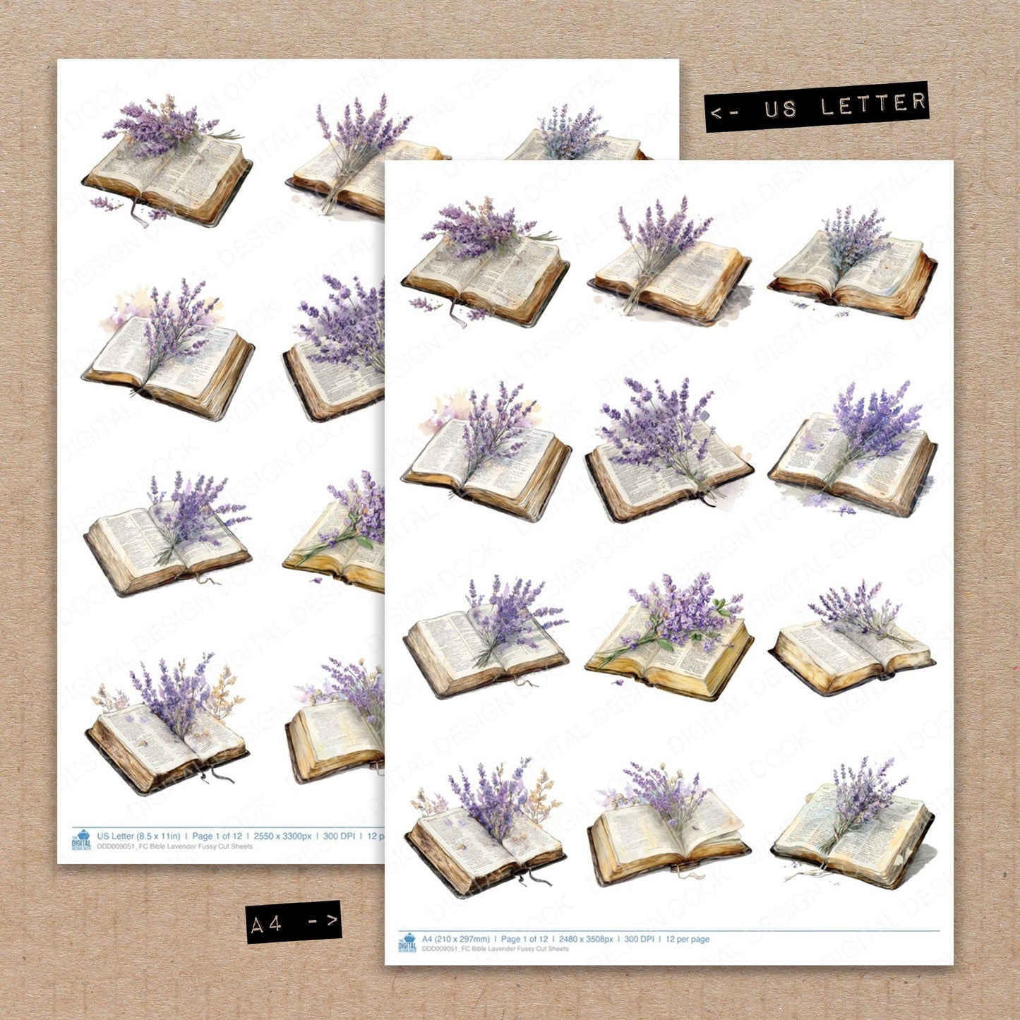 A4 and US Letter format comparison showing Bible Lavender fussy cut pages for print and cut crafting