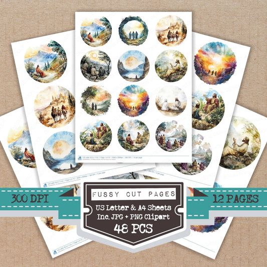 Biblical Scene Round fussy cut printable sheets for junk journaling, scrapbooking, and paper craft projects