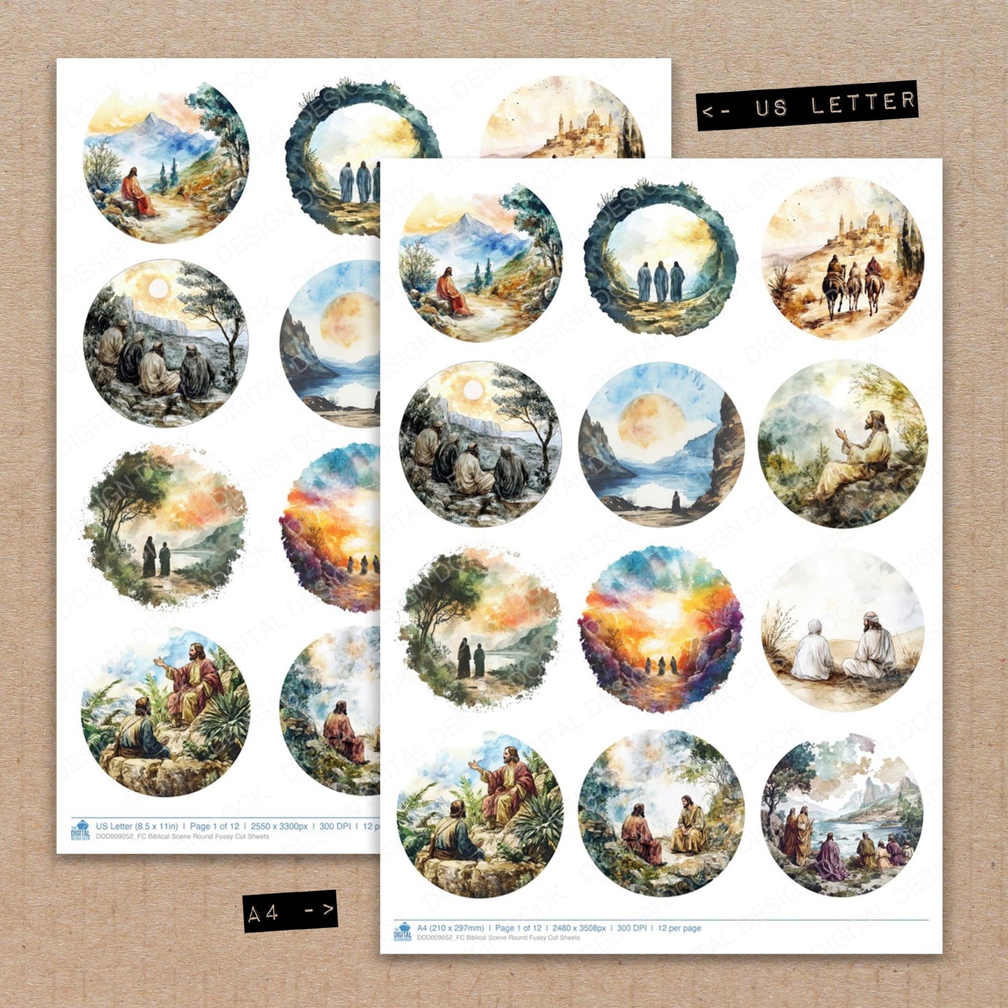 A4 and US Letter format comparison showing Biblical Scene Round fussy cut pages for print and cut crafting