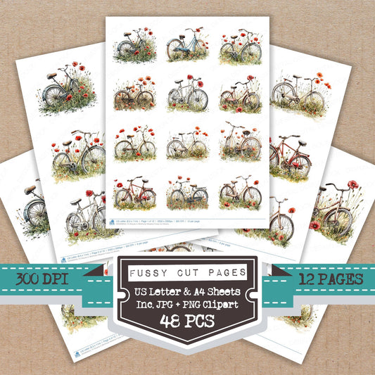 Bicycle in Wildflower Meadow fussy cut printable sheets for junk journaling, scrapbooking, and paper craft projects