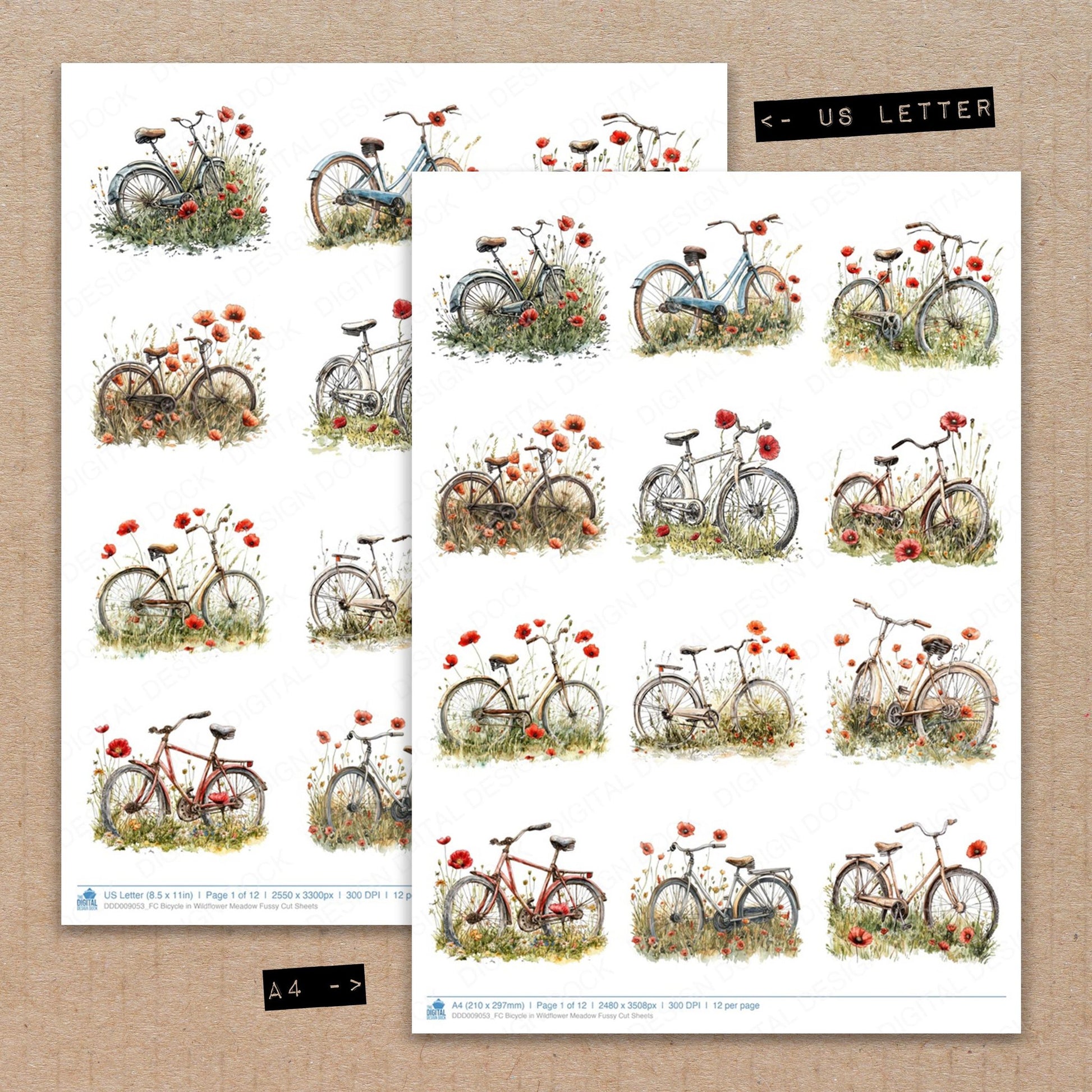 A4 and US Letter format comparison showing Bicycle in Wildflower Meadow fussy cut pages for print and cut crafting