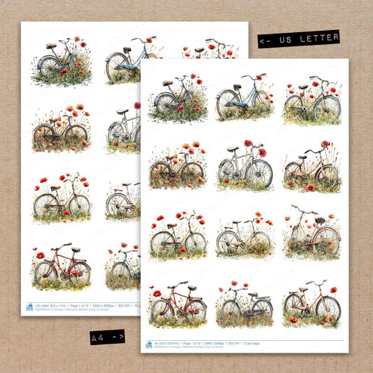 A4 and US Letter format comparison showing Bicycle in Wildflower Meadow fussy cut pages for print and cut crafting