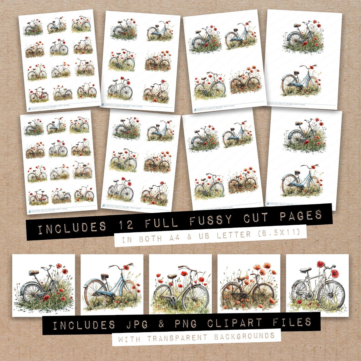 Full collection view of Bicycle in Wildflower Meadow fussy cut sheets with bonus clipart JPG and PNG files