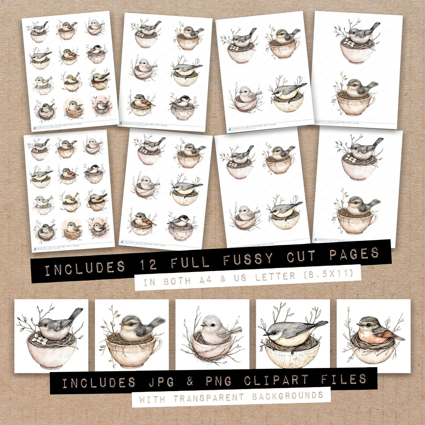 Bird in Fabric Nest Fussy Cut Sheets (DDD009054)