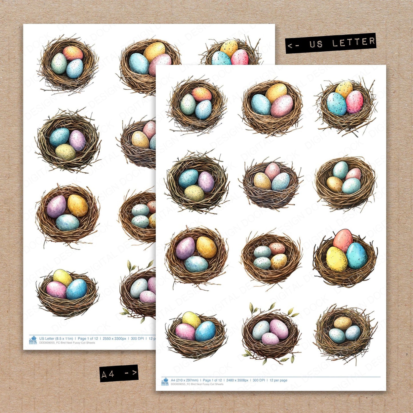 A4 and US Letter format comparison showing Bird Nest fussy cut pages for print and cut crafting