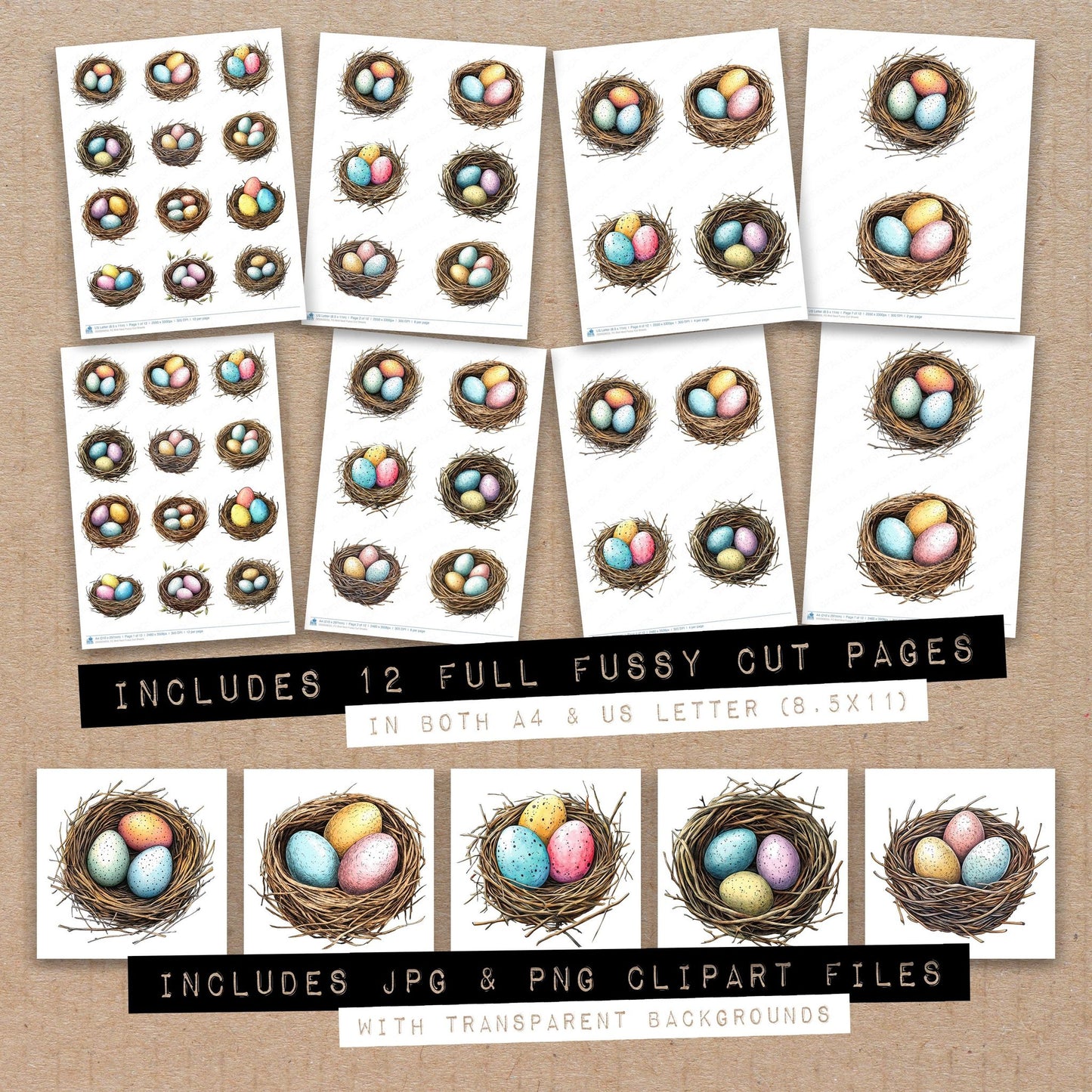 Full collection view of Bird Nest fussy cut sheets with bonus clipart JPG and PNG files