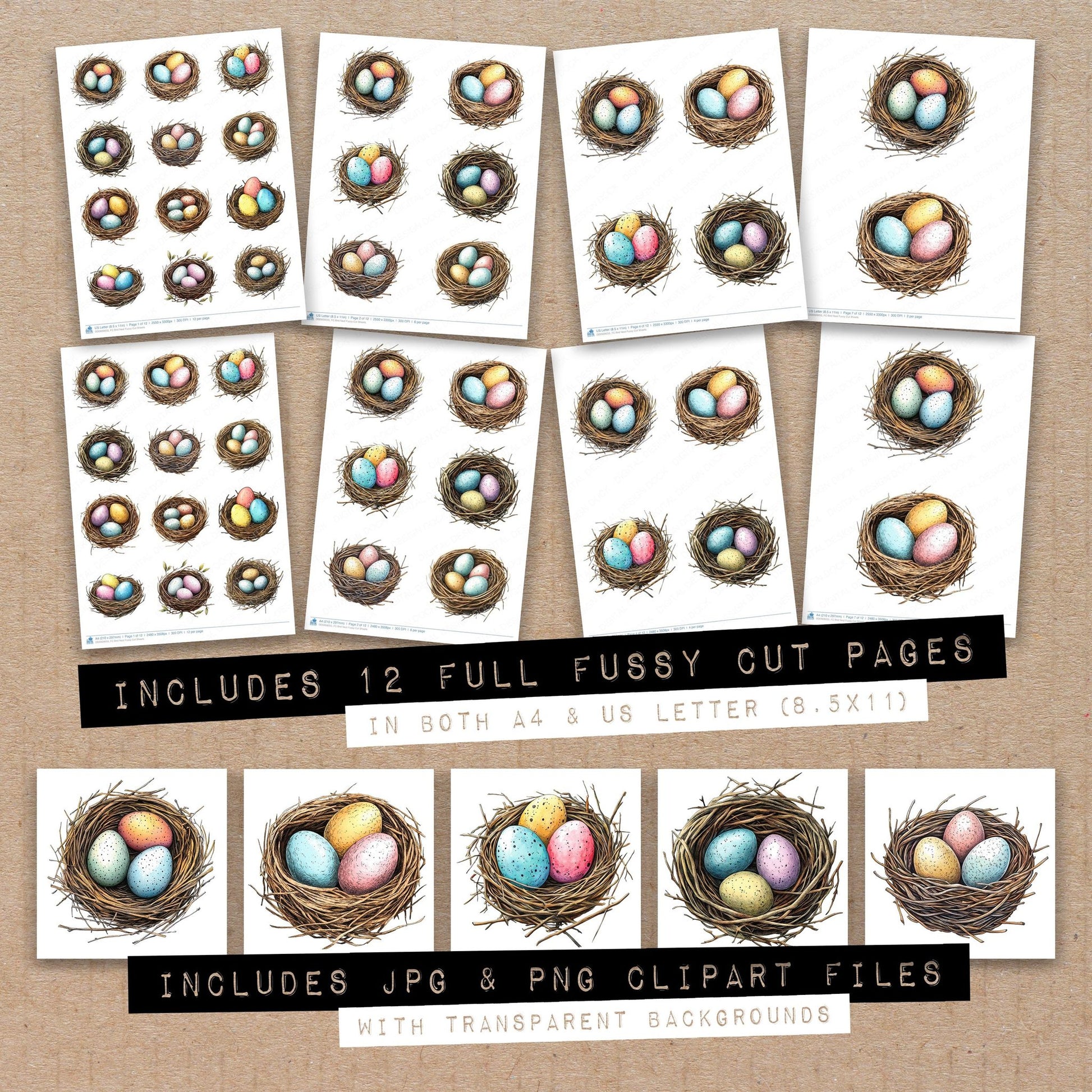 Full collection view of Bird Nest fussy cut sheets with bonus clipart JPG and PNG files