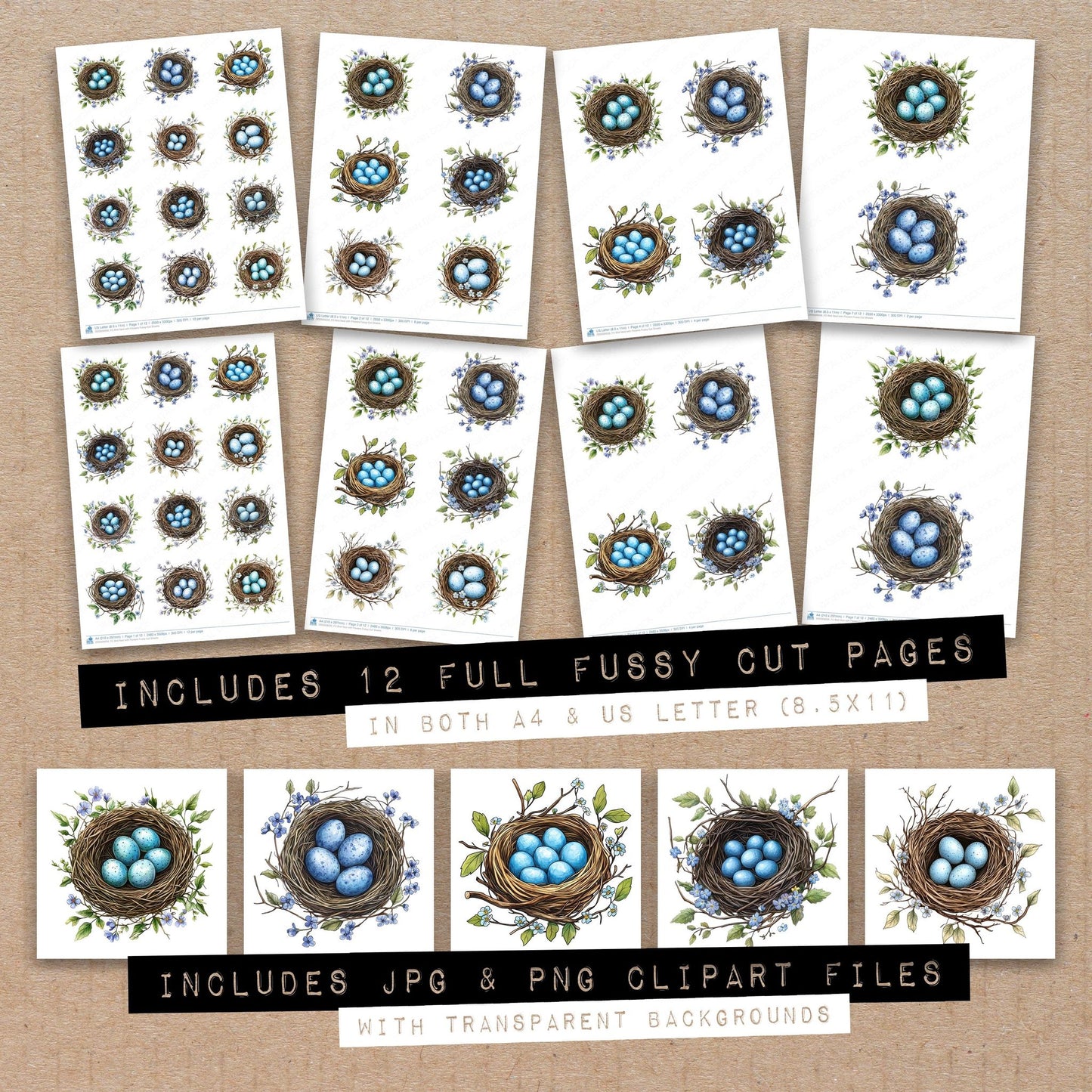 Full collection view of Bird Nest with Flowers fussy cut sheets with bonus clipart JPG and PNG files