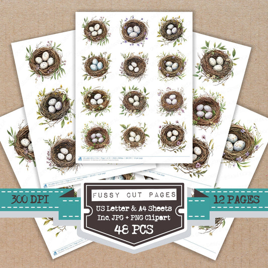 Bird Nest with Wildflowers fussy cut printable sheets for junk journaling, scrapbooking, and paper craft projects