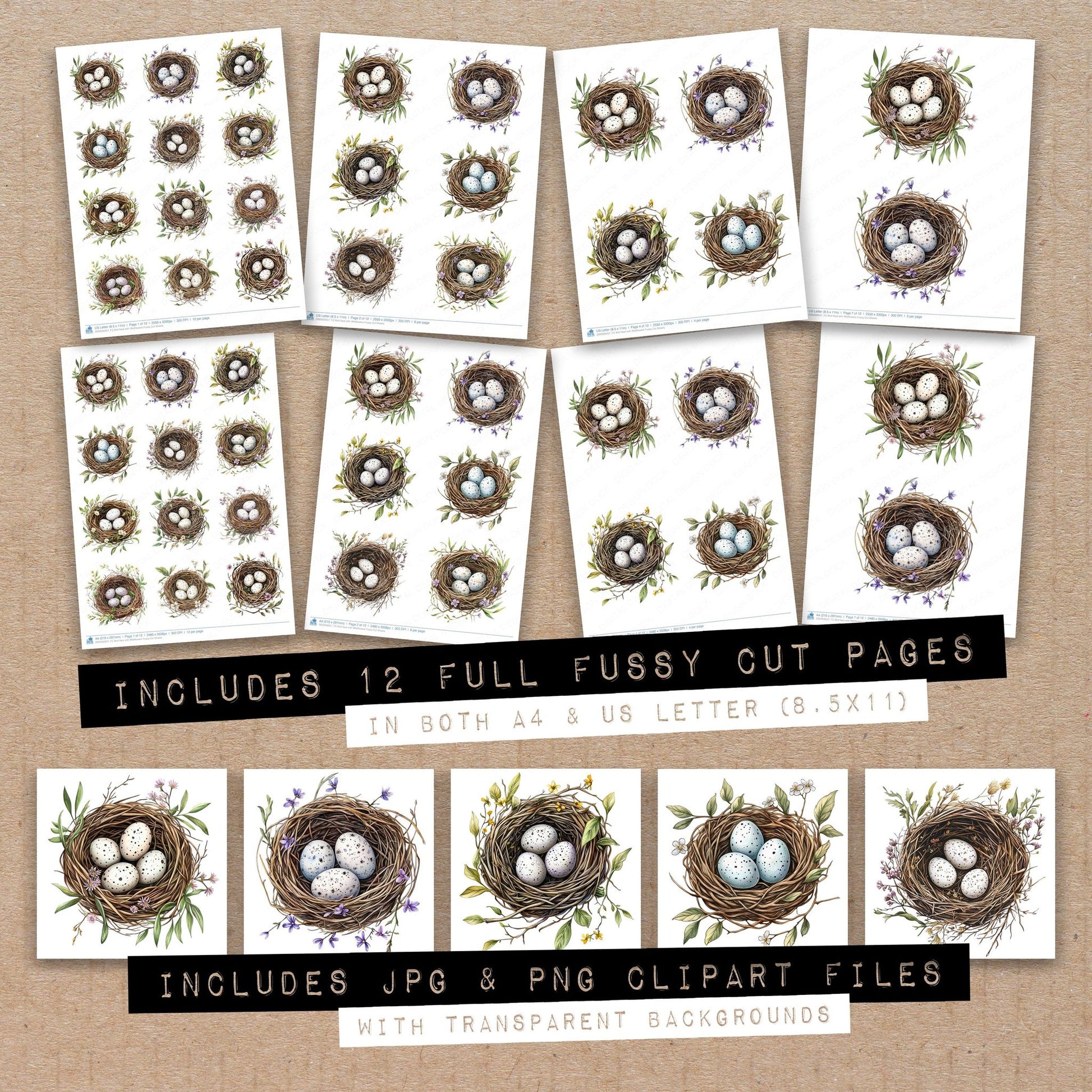 Full collection view of Bird Nest with Wildflowers fussy cut sheets with bonus clipart JPG and PNG files