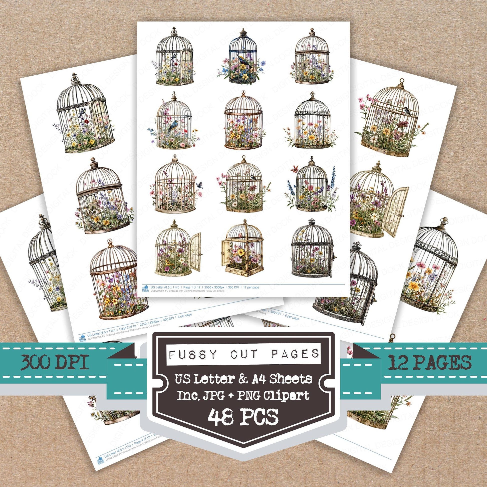 Birdcage with Growing Wildflowers fussy cut printable sheets for junk journaling, scrapbooking, and paper craft projects