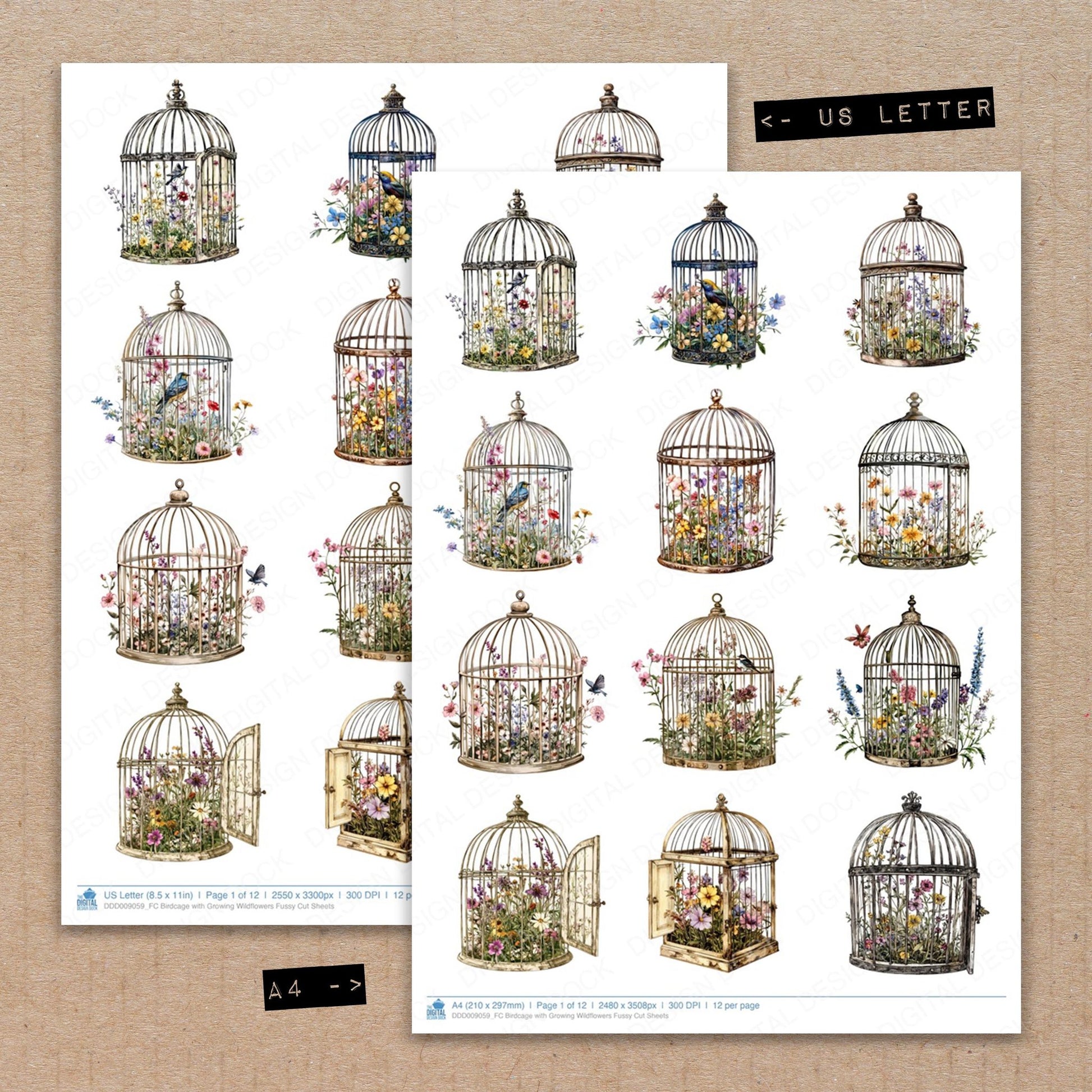 A4 and US Letter format comparison showing Birdcage with Growing Wildflowers fussy cut pages for print and cut crafting