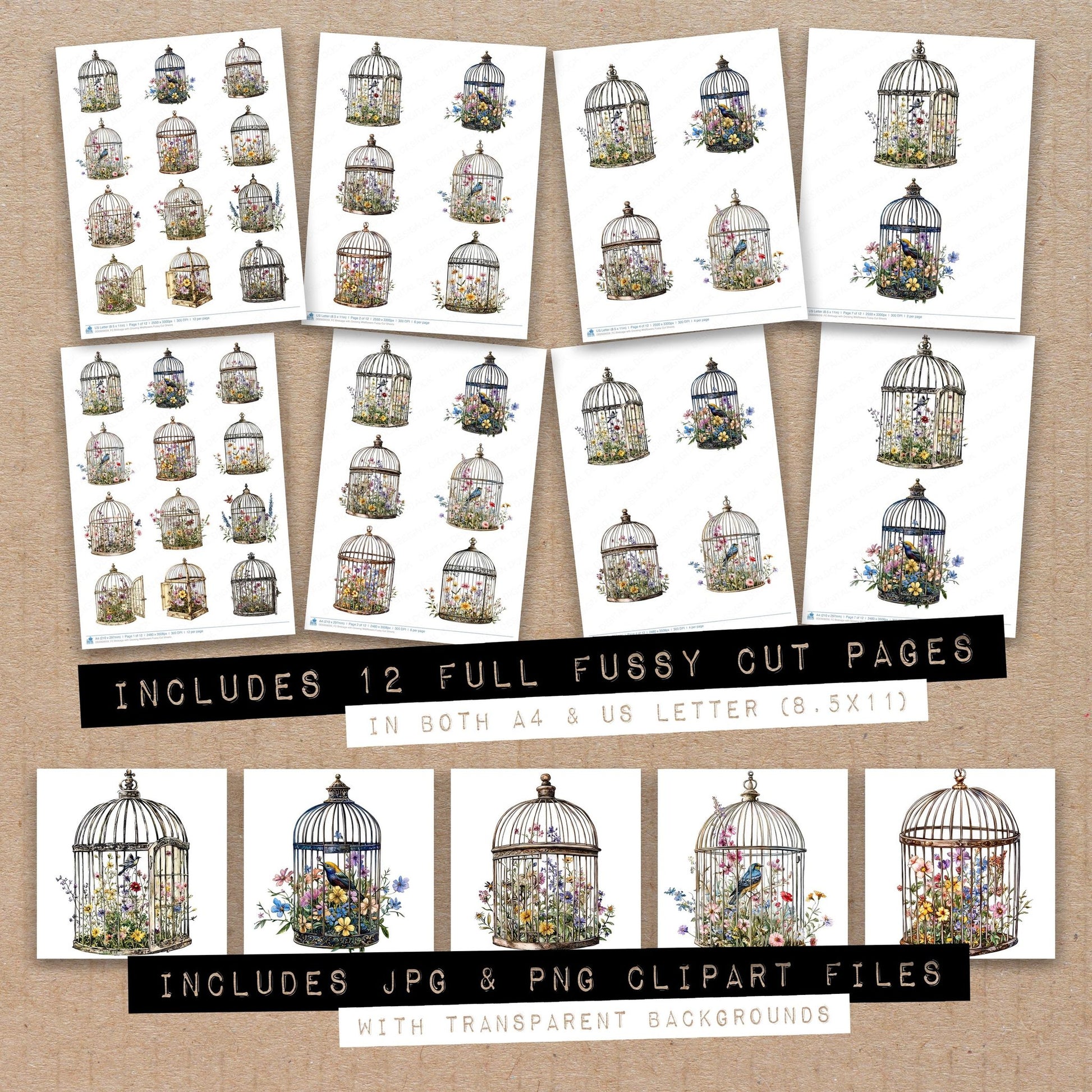 Full collection view of Birdcage with Growing Wildflowers fussy cut sheets with bonus clipart JPG and PNG files