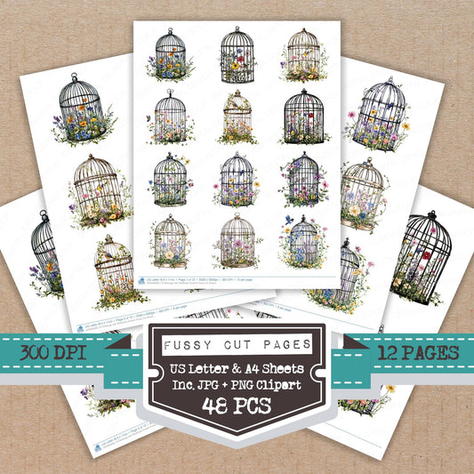 Birdcage with Wildflower Growth fussy cut printable sheets for junk journaling, scrapbooking, and paper craft projects