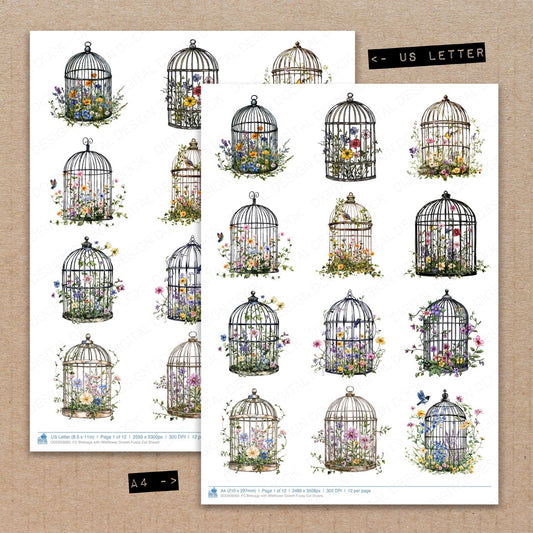 A4 and US Letter format comparison showing Birdcage with Wildflower Growth fussy cut pages for print and cut crafting