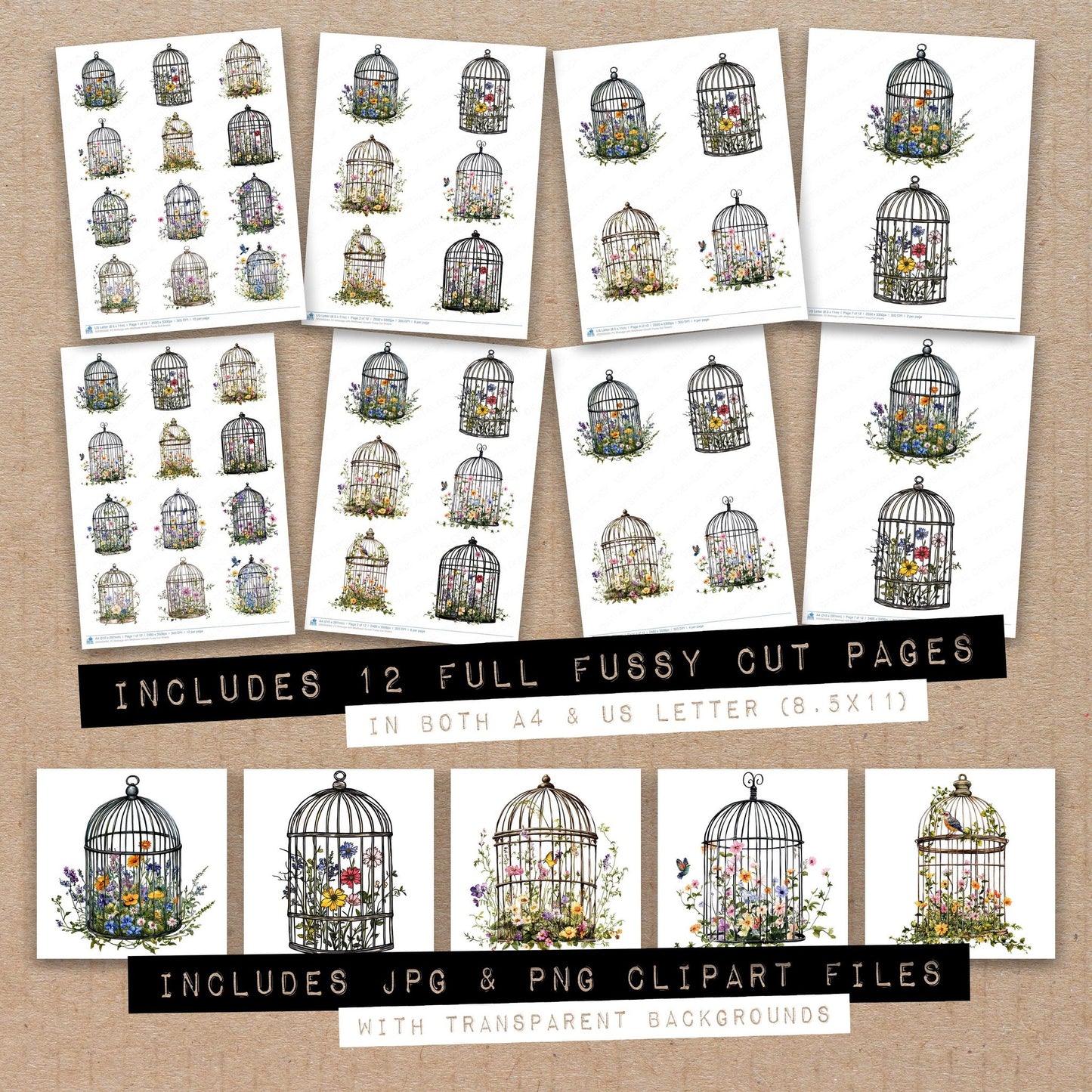 Full collection view of Birdcage with Wildflower Growth fussy cut sheets with bonus clipart JPG and PNG files