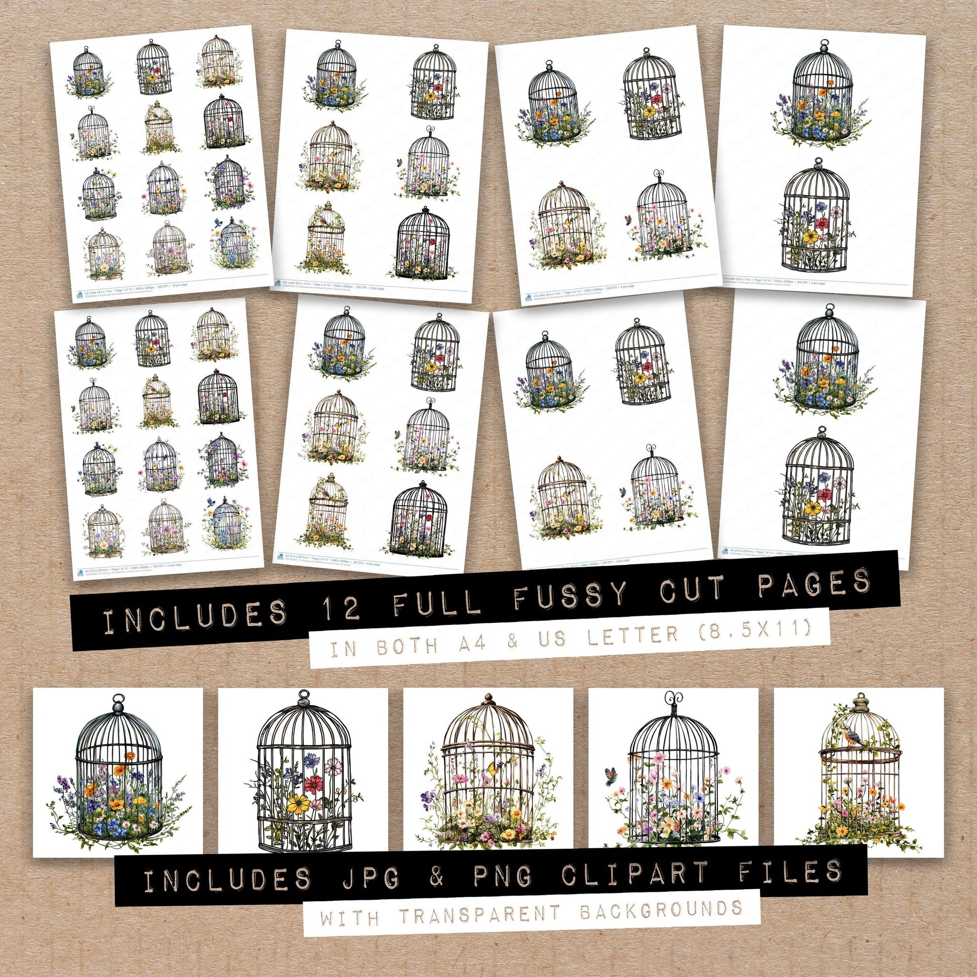 Full collection view of Birdcage with Wildflower Growth fussy cut sheets with bonus clipart JPG and PNG files