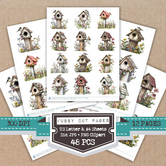 Birdhouse with Climbing Flowers fussy cut printable sheets for junk journaling, scrapbooking, and paper craft projects