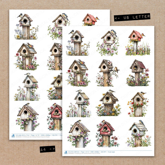 A4 and US Letter format comparison showing Birdhouse with Climbing Flowers fussy cut pages for print and cut crafting