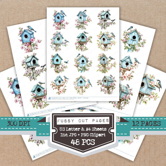 Birdhouse with Floral Vines fussy cut printable sheets for junk journaling, scrapbooking, and paper craft projects