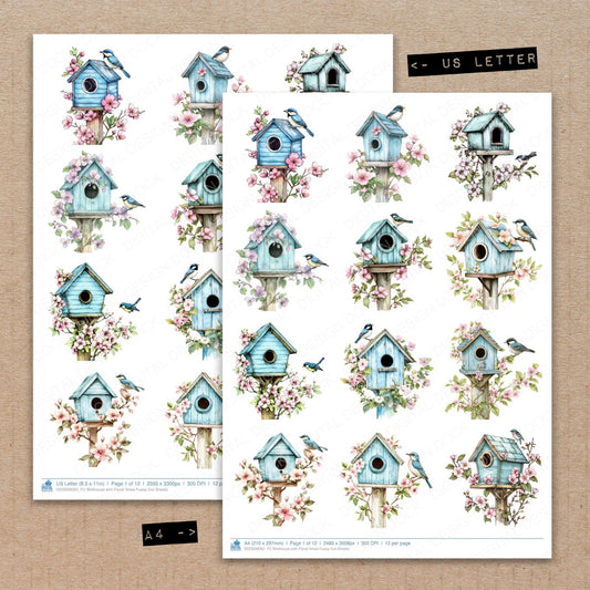 A4 and US Letter format comparison showing Birdhouse with Floral Vines fussy cut pages for print and cut crafting