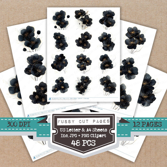 Black and Gold Abstract Flowers fussy cut printable sheets for junk journaling, scrapbooking, and paper craft projects